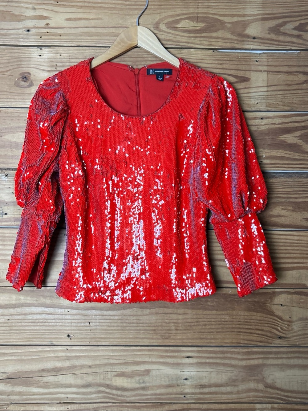 INC International Concepts Red Sequin Puff-Sleeve Top